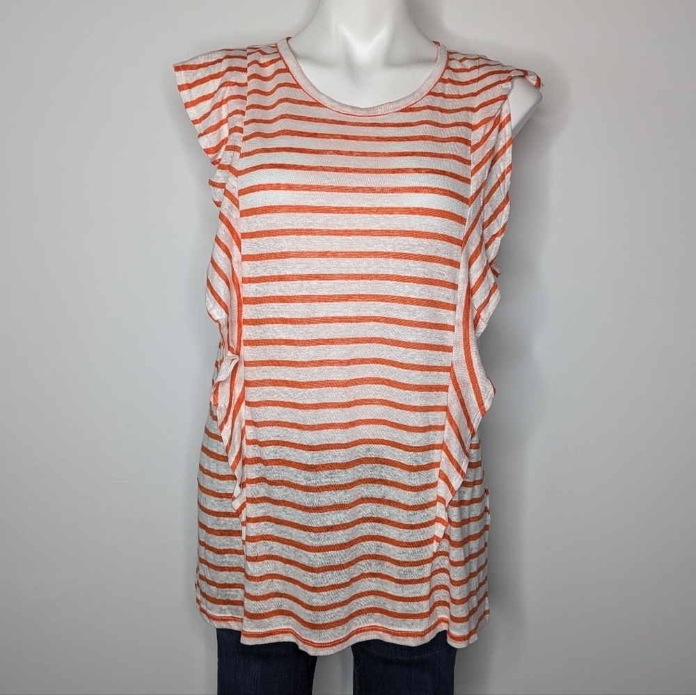 NWT Charter Club Linen Luxury Orange White Striped Sleeveless Ruffle Tank XL